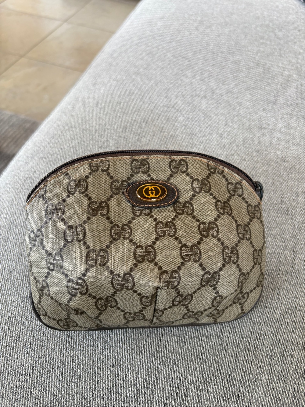 Gucci Beige GG Monogram Cosmetic Case with Brown Trim and Gold Logo